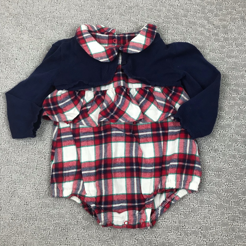 Cat & jack red navy white plaid romper with crop sweater‎